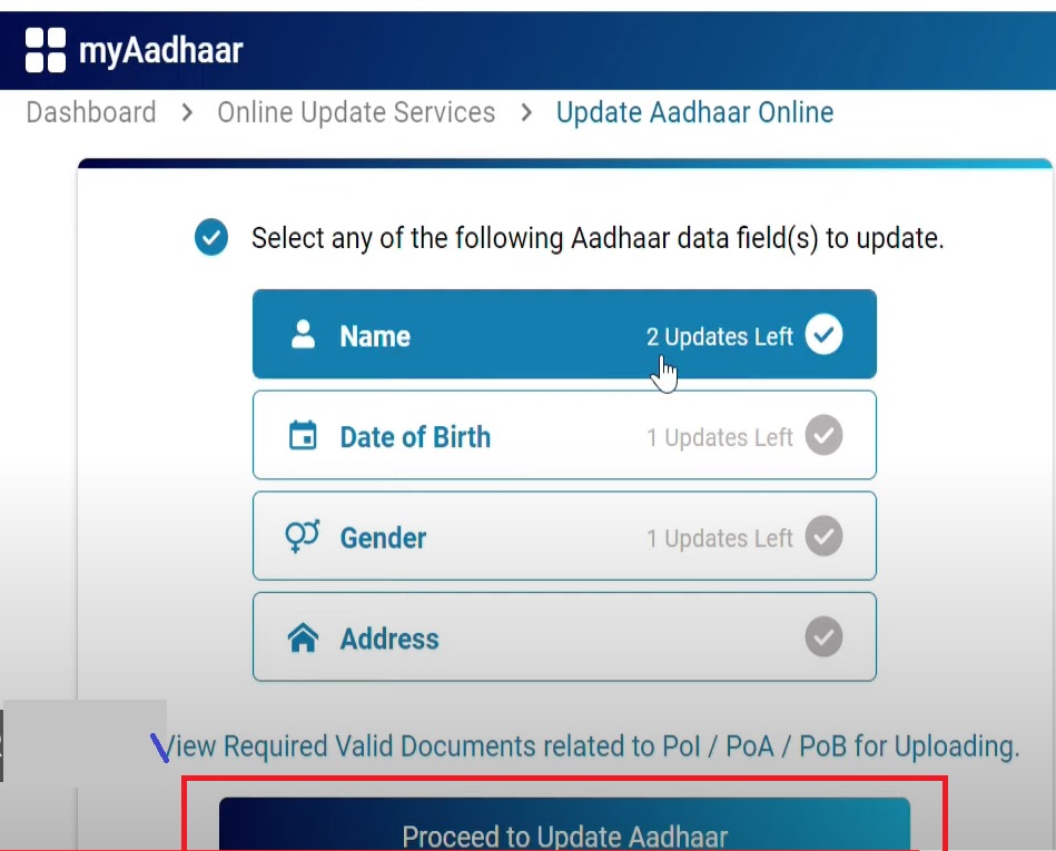 Proceed to update aadhaar